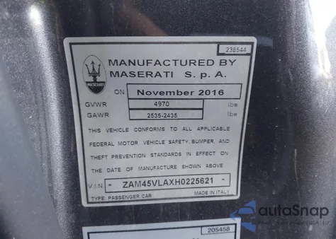 2017 Maserati Granturismo Mc/Mc Centennial/Sport из США, поврежденный, VIN ZAM45VLAXH0225621